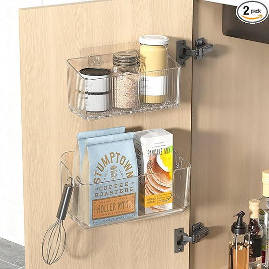 BasicForm 2 Pack Cabinet Door Organizer Bins, Adhesive Wall Mounted Clear Storage Caddy, Stackable PET Baskets for Kitchen Cabinets, Bathroom, Pantry, RV, and Office Organization