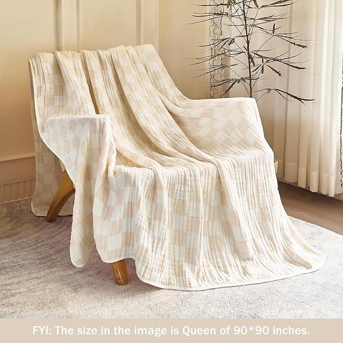 SANACYNA 100% Cotton Muslin Blanket 6-Layer Gauze Cream Grid Cooling Blanket Lightweight Soft and Breathable Blanket for Sofa Couch Bed Coverlet Both Sides (Cream, Throw 50"x60")