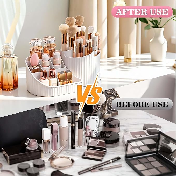 Makeup Organizer with Rotating Brush Holder Cosmetic Storage for Dresser Vanity and Bathroom Countertop Skincare Organizer for Vanity, Cosmetic Display Case for Lipstick, Skincare, Brushes, Eyeshadow