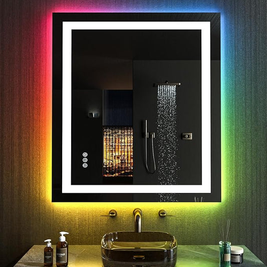 LOAAO 28"X32" LED Bathroom Mirror with Lights, Anti-Fog, Dimmable, RGB Backlit + Front Lighted, Bathroom Vanity Mirror for Wall, Memory Function