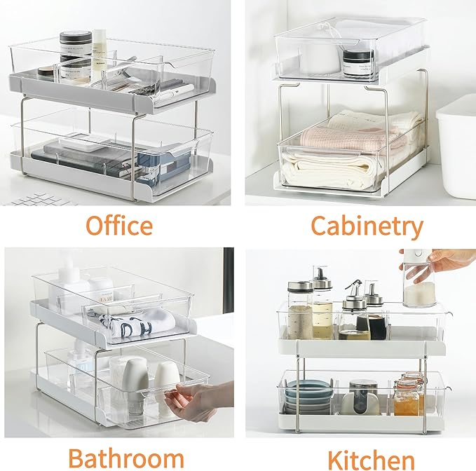 vacane 13" Clear Pull-Out Organizer with Adjustable Dividers - 2-Tier Bathroom & Kitchen Storage Bins for Vanity, Under Sink Cabinets, Pantry