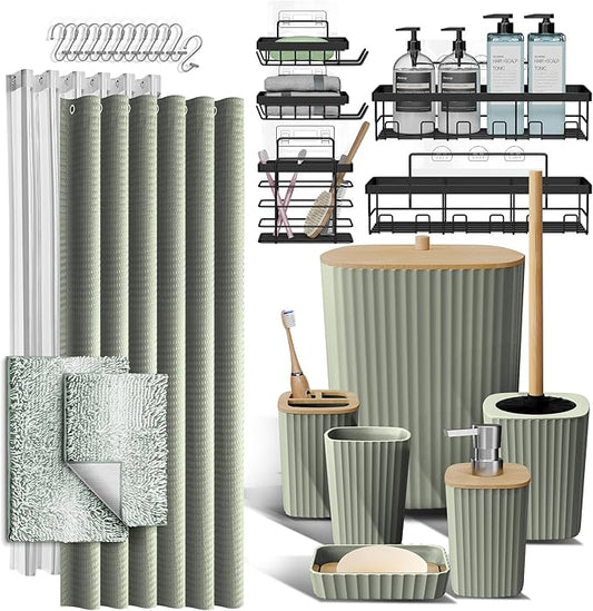 Clara Clark Bathroom Accessories Set - 27PC Bathroom Set with Adhesive Corner Shower Caddy Hanging, Bathroom Sets with Shower Curtain and Rugs, Ombre Sage Green Shower Curtain Set with Trash Can
