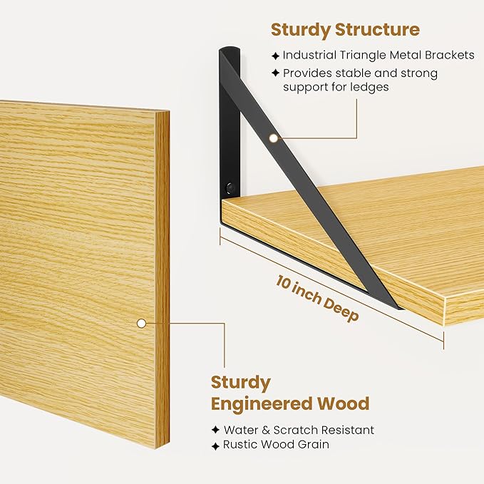 Floating Shelves for Wall,18" Wall Mounted Shelves Set of 2,Wood Floating Shelf with Bracket,Sturdy Metal Bracket Bookshelves Home Decor Storage for Living Room,Bedroom,Bathroom,Kitchen,Oak