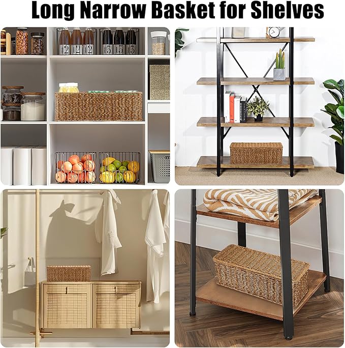 Sumnacon Wicker Storage Basket with Lid, Rectangular Narrow Baskets for Bathroom, Farmhouse Imitation Rattan Bin with Dividers, Decorative Handwoven Tray Organizer for Countertop Shelves Toilet Tank