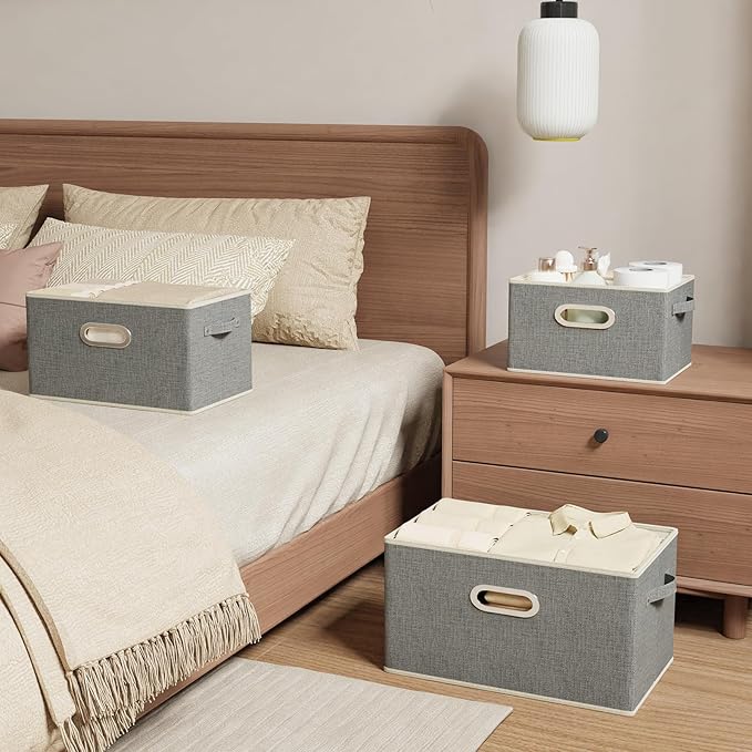 Fabric Open Storage Bins with Metal Handles, Collapsible Organizer Baskets, Foldable Cube Boxes for Shelves, Closet, Living Room, 15x9.8x9.8in, Grey, 4 Pack