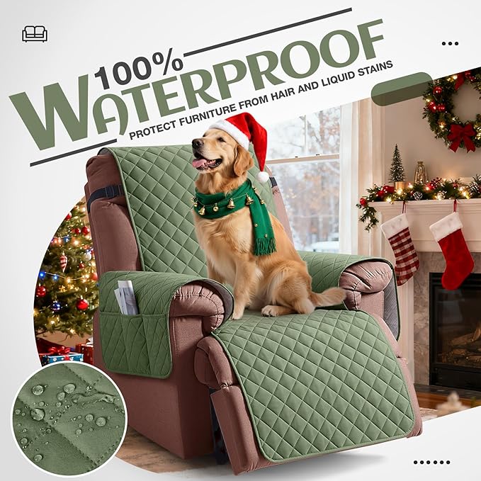 KinCam 100% Waterproof Recliner Chair Cover, Reclining Couch Covers for Pets, Dogs, Recliner Couch Slipcover Furniture Protector with Elastic Straps for Kids(30", Cactus Green)
