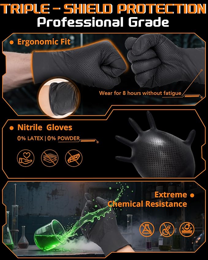 wcy 9 Mil Heavy Duty Black Nitrile Gloves,Raised Diamond Texture Grip,Industrial Mechanic Rubber Gloves Disposable Latex Free Chemical Resistant Guantes for Work,Cooking,Food Safe - Large,80Count