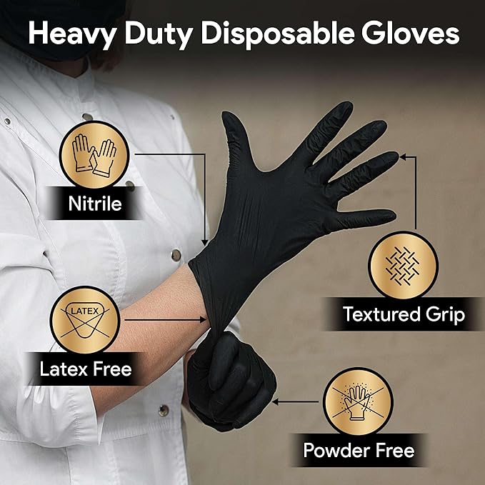 6 Mil Black Nitrile Gloves, Heavy Duty Mechanic and Food Grade Glove - Powder-Free, Latex-Free Medical Exam Gloves