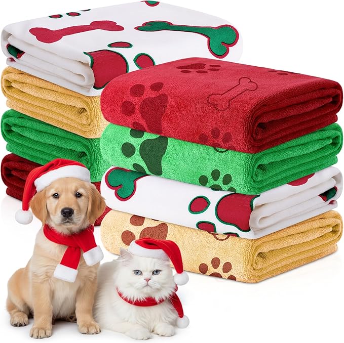 8 Pcs Dog Towels for Drying Dogs Cats Pet Towels Bulk Puppy Microfiber Fast Drying Paw Bath Bathing Supplies Absorbent for Medium Pets (Christmas Color,40 x 24 Inch)