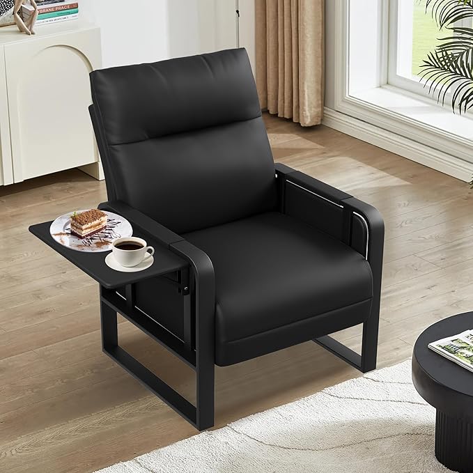 Black PU Leather Accent Chairs Set of 2 with Side Table Modern Upholstered Armchair Leisure Chairs for Living Room Bedroom Office Club Chair