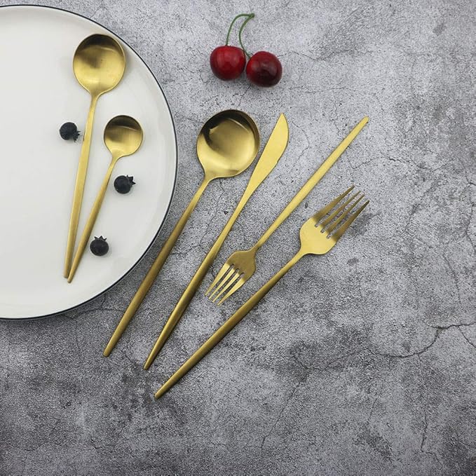 JASHII Kitchen Cutlery Set 24-piece Flatware Stainless Steel Silverware Metal Utensils Group Serves 6, Modern Elegant Tableware Set for Party, Christmas, Dinner(Matte gold)