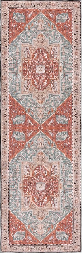 SAFAVIEH Washable Rug Tucson Collection - 2'6" x 6' Runner, Aqua & Rust, Slip Resistant & Easy to Clean, Ideal for Hallway, Foyer, Entryway, Bedroom (TSN150J)