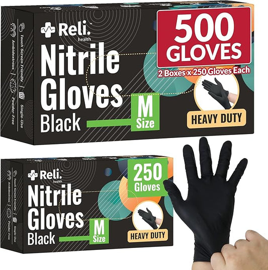 Reli. Black Nitrile Gloves, Medium | 500 Pack Heavy Duty Disposable Gloves (5 mil) | Powder Free, Latex Free | Single-Use | Premium Nitrile Material for Automotive, Cleaning, Cooking | Food Safe