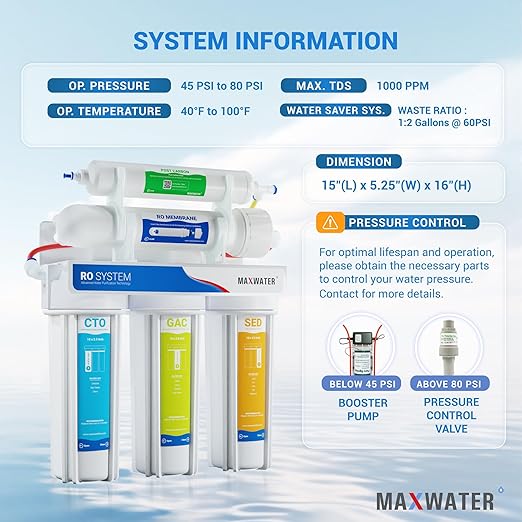Max Water 100 GPD Reverse Osmosis Water Filtration System - 5 Stage RO System with Faucet and Tank Plus 4 Extra Filters - Under-Sink/Wall Mount (White, with Tank & Faucet) - Model : RO-5W2