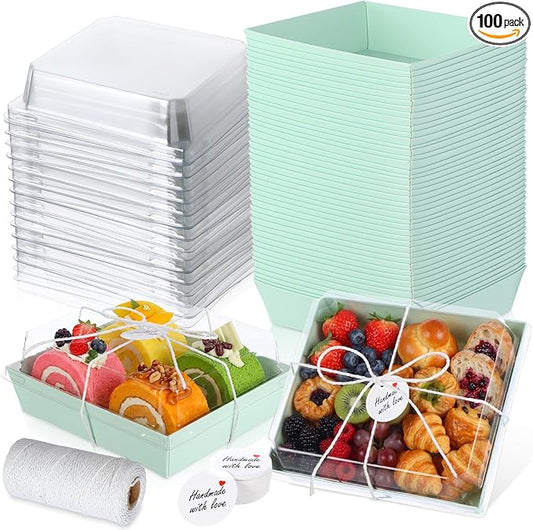 Outus 100 Pack Charcuterie Boxes with Clear Lids, 5.7 x 5.1 '', Mother 's Day Back to School Paper Food Containers Cake Take out Bakery Boxes with Gift Tags Rope for Desserts(Sage Green,Classic)