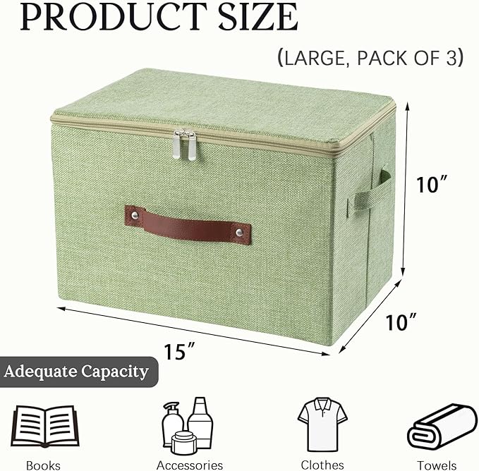 3PCS Fabric Storage Bins with Zipper Lid and Handles Cotton Linen Lidded Storage Boxes Washable Collapsible Organizer Container (Green, Large Size)