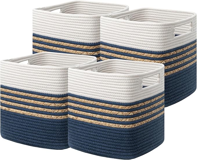 UBBCARE Set of 4 Storage Cubes 11 X 10.5 X 10.5 in, Water Hyacinth Storage Bins for Shelves, Toys, Books, Organizing Baskets with Handles, Cotton Rope Woven Baskets, Blue