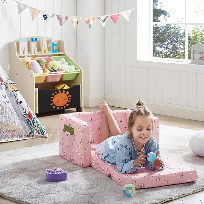 Ulax furniture Kids Fold Out Couch 2-in-1 Children Convertible Sofa to Lounger with Soft Plush Fabric(Pink Rainbow)