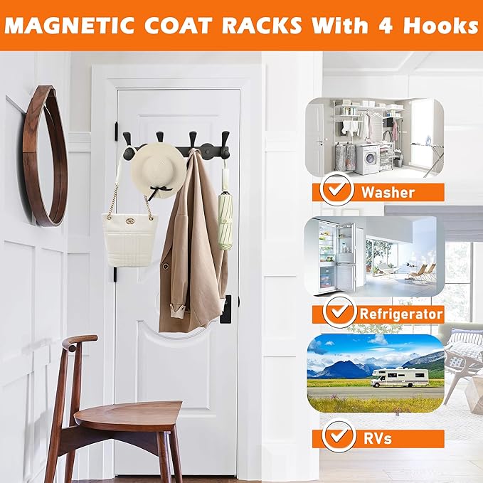 ULIBERMAGNET Strong Magnetic Double Hooks Rack,Heavy Duty Coat Magnetic Rack,Strong Rubber Magnetic Hanger with 4 Hooks for Refrigerator,Metal Cabinet,Hanging Coat, Towel, Bag, Backpack