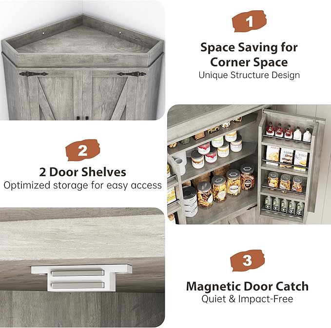 Corner Cabinet, Kitchen Pantry Cabinet, Storage Cabinet with 4 Doors and Shelves, Kitchen Cabinet, Pantry Cabinet, Tall Food Pantry Storage Cabinet Farmhouse Furniture for Kitchen Dining Room, Grey