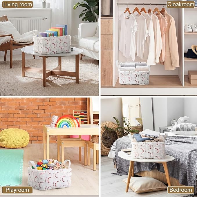2 Pcs White Baseball Storage Baskets 14x10 Inch Easter Baskets Baseball Laundry Foldable Fluffy Storage Bin with Handle Sport Home Decor Closet Organizer for Countertop Tabletop Car