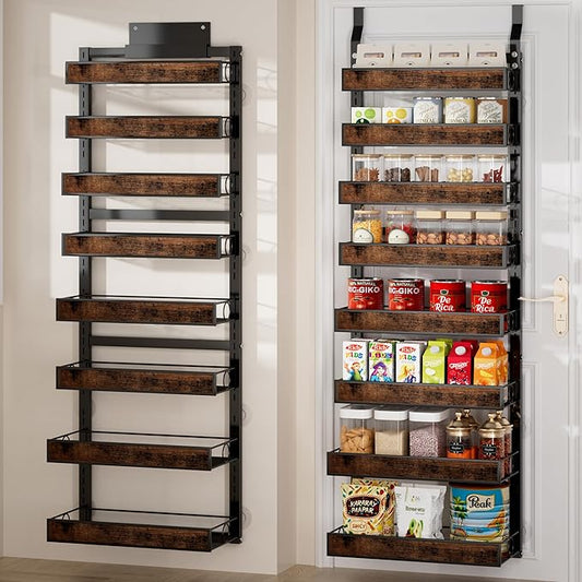 8 Tier Over The Door Pantry Orangizer 2 IN 1 Wall Mounted or Hanging Spice Rack with Adjustable Wood Basket,Heavy Duty Seasoning Storage Shelf for Kitchen Pantry and Bathroom