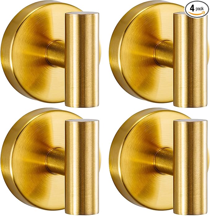 Heavy Duty Reusable Suction Cup Hooks for Shower - No Drill Bathroom/Glass/Mirror/Tiles & Metal Surfaces,and Smooth Non-Porous Surfaces for Towels, Robes, Loofahs (4, Brushed Gold)