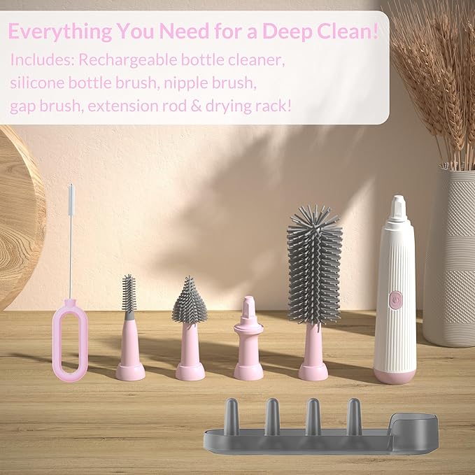 Electric Baby Bottle Brush Cleaner with Extended Handle & Drying Holder, Baby Bottle Brush Set with Silicone Bottle/Nipple/Crevice/Brush,Straw Cleaner,Lifesaver Automatic Bottle Cleaner,Pink