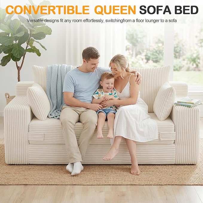 Oversize Loveseat Boneless Convertible Sofa Bed, Folding Floor Futon Sleeper Sofa Queen Size Couch Bed- Boneless Foldable Couch, Corduroy Pull Out Sofa Bed with 5 Pillows for Living Room & Bedroom