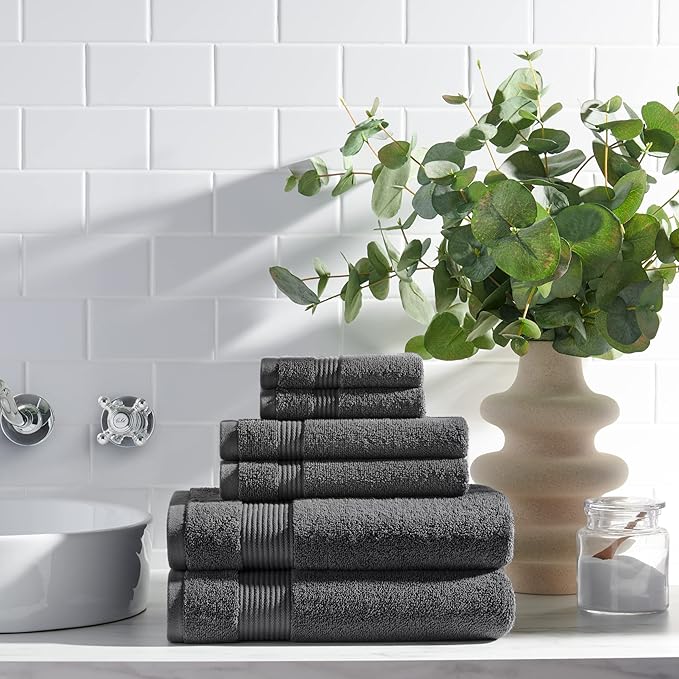 Arkwright Solid 6 Piece Bath Towel Set, 100% Cotton 600 GSM Soft Absorbent Bathroom Towels for Hotel, Spa or Vacation Rental, Pewter Grey (2 Bath Towels, 2 Hand Towels, 2 Washcloths)