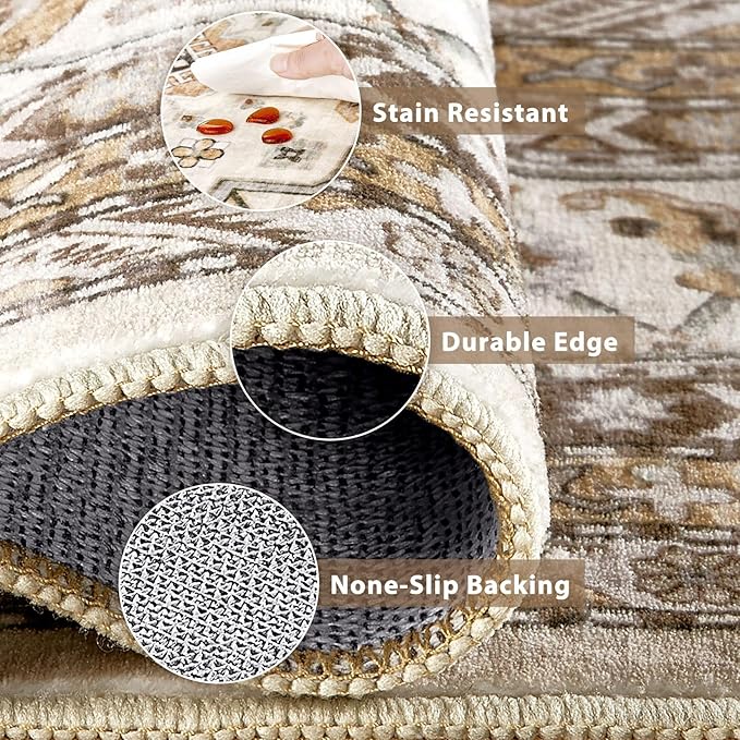 Vintage Hallway Runner Rug 3x12: Large Soft Washable Entryway for Kitchen Laundry Room Non-Slip Backing Runner for Entrance Living Room Bedroom Bathroom - Beige