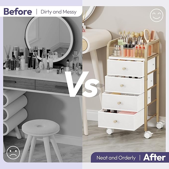 SWTYMIKI Rolling Makeup Organizer Cart - Floor Skincare Make Up Storage with 4 Non-woven Drawers, Vanity Organizer Cosmetic Display Cases Cabinet for Skin Care Perfume Nail Polish Brush Hair Tool