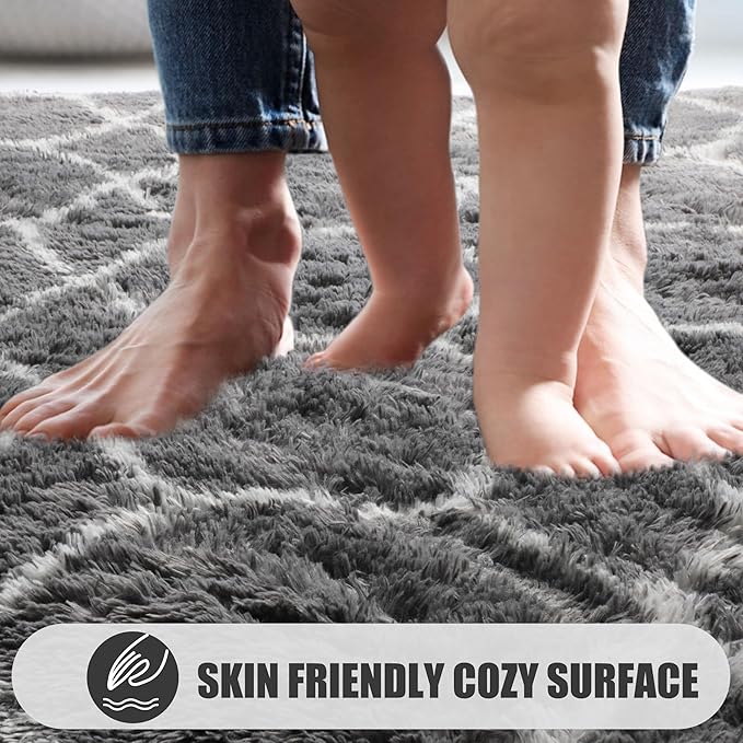 ONASAR 7x9 Area Rugs for Living Room Bedroom, Large Fluffy Grey and White Throw Rug, Geometric Soft Plush Shaggy Indoor Floor Carpet for Nursery Kids Girls Boys Teen Dorm Home Decor Aesthetic