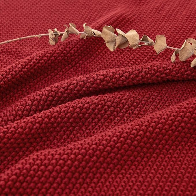 Longhui bedding Burgundy Cotton Cable Knit Throw Blanket for Couch Sofa Chair Bed Home Decorative, 3.4 Pounds 60 x 80 Inch Woven Throw Blankets with Bonus Laundering Bag