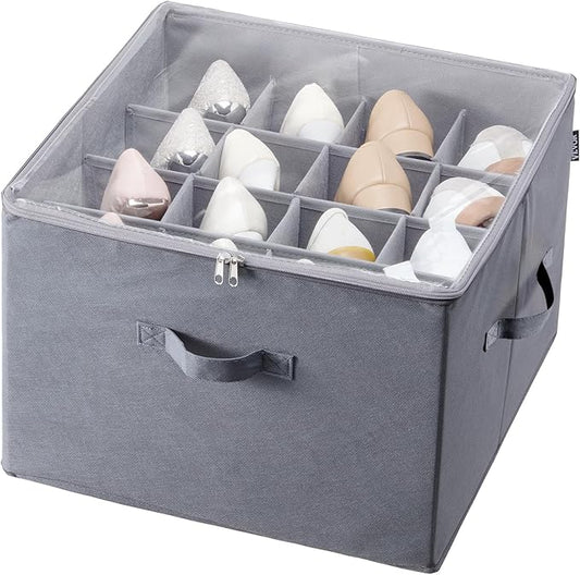 Under Bed Shoe Storage Organizer, 1 Pack, 16 Compartments, Underbed Shoe Box Storage Containers Adjustable Dividers, Sandal Organizer Storage with Clear Window, Breathable, Reinforced Handles