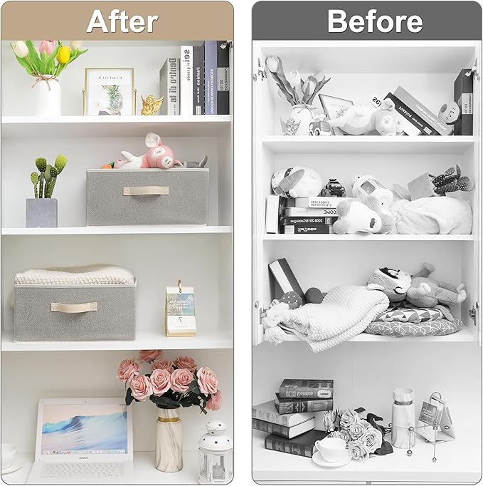 15.7 Inch Storage Baskets, Woven Fabric Bins, Storage Cubes with Reinforced Handles, Organizer Bins for Closet Shelves, Foldable, for Clothes (Beige, 2PCS/15.7*11*7.8inch)