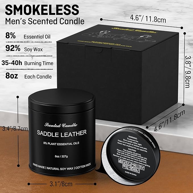 Scented Candles for Men - Saddle Leather Masculine Scented Candle, 8oz Luxury Soy Wax Candles with 8% Essential Oils, Scented Candle in Matte Black Tin, Gift of Men, Dad, Him