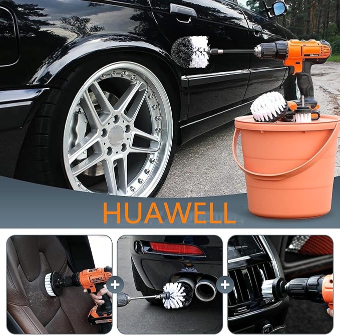 HUAWELL 8 Piece Soft White Drill Brush with Extend Attachment Set-Car Interior Detailing Kit, All Purpose for Car, Boat, Seat, Carpet, Upholstery, Bathroom, Grout, Floor and Tile (White)
