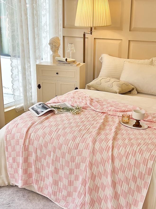 Ultra Soft Cozy 6-Layer Muslin 100% Cotton Checkered King Size 90"x104" Bed Blanket Breathable Lightweight Checkboard Bed Blankets Decorative for Sofa Bed All Seasons Both Sides Pink