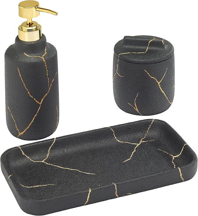 Nicole Miller - Bathroom Set, 3pc Resin Countertop Accessories, Dorm Room Essentials (Sydney Collection, Black/Gold)