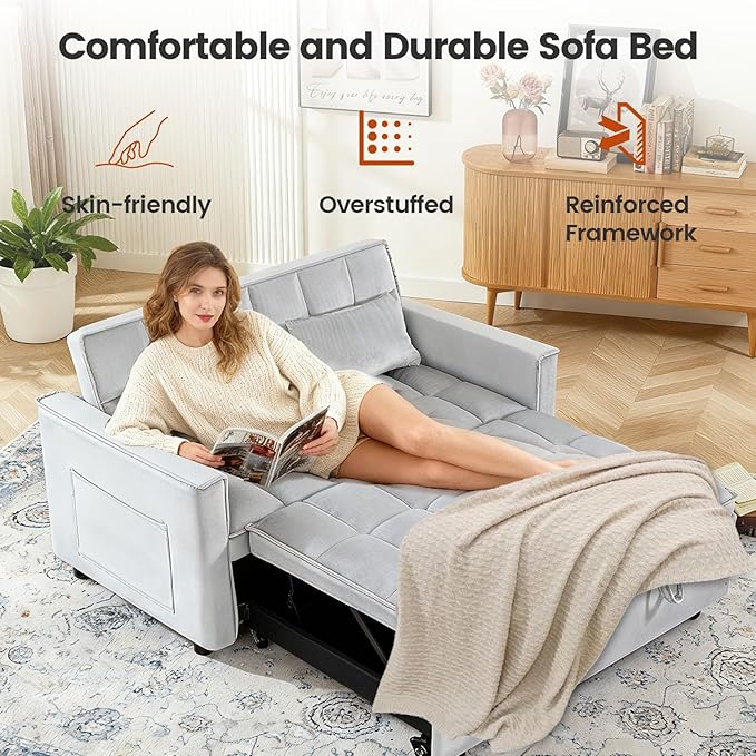 Convertible Sofa Bed, Love Seat Sleeper Bed with Side Pockets, 3 in 1 Velvet Fabric Pull Out Couch with Adjustable Backrest for Living Room, Bedroom, Apartment, Gray