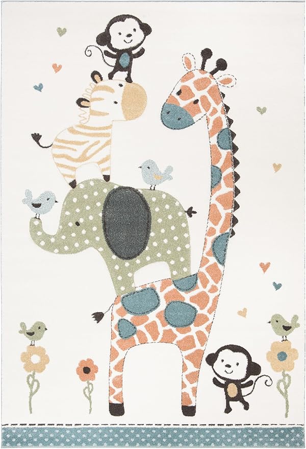 SAFAVIEH Carousel Kids Collection Area Rug - 6'7" x 9', Ivory, Animal Design, Non-Shedding & Easy Care, Ideal for High Traffic Areas for Boys & Girls in Playroom, Nursery, Bedroom (CRK120A)