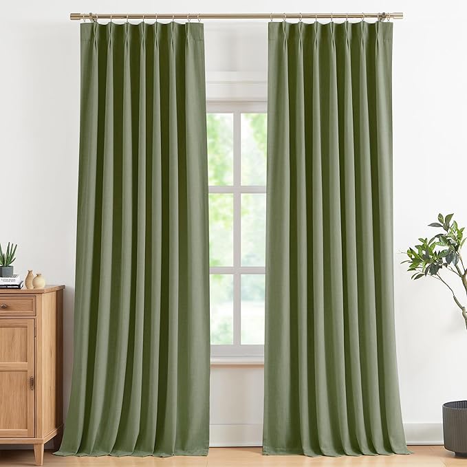 Vision Home Dark Green Pinch Pleated Full Blackout Curtains Linen Blended Room Darkening Curtain Panels 84 inch for Living Room Bedroom Thermal Insulated Pinch Pleat Drapes with Hooks 40" Wx84 Lx2