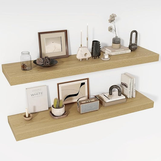 48 Inch Floating Shelves, 12" Deep Floating Shelf Wall Mounted, 48" Wall Shelves, Rustic Deep Bookshelf, Extra Deeper & Thicker Display Shelves for Bedroom, Living Room, Oak, Set of 2