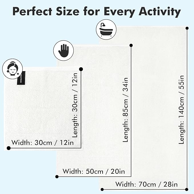Bath Towels Set of 8 – 100% Cotton (White) Bathroom Towel Set Bale Includes 2 Bath, 2 Hand, 4 Face Towels – Soft, Absorbent & Quick Dry Towel for Bathroom, Spa, Kitchen, Hotel Use