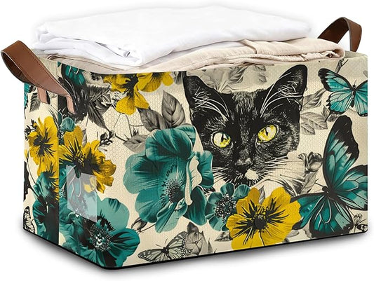 32L Large Storage Bins with Handles, Basket Organizer for Shelves, Closet, Books, Laundry & Home Decor (Flower Black cat)