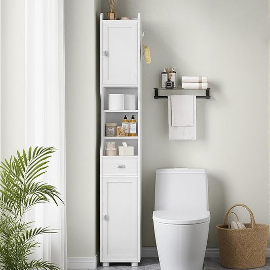 Bathroom Storage Cabinet, Tall Bathroom Cabinet, Freestanding Floor Cabinets with 2 Doors and 1 Drawer, Toilets Organizer with Adjustable Shelf, 1 Hook for Living Room, Kitchen, White 480013X