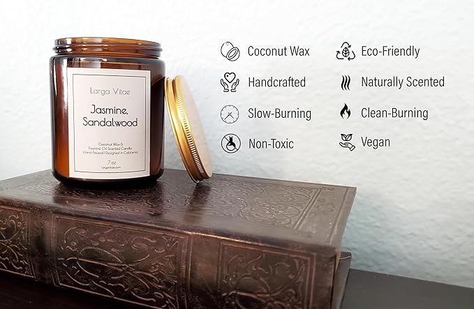 Jasmine, Sandalwood Coconut Wax Candle Non Toxic Aromatherapy Candle with Essential & Prime Rated Natural Fragrance Oils, Clean Burning Amber Jar Candle, 7 oz Small Batch