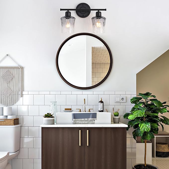 Modern 2-Light Bathroom Vanity Light Fixtures, Black Bathroom Lights Over Mirror with Grey Glass Shade, E26 Glass Wall Sconce for Kitchen, Bedroom, Hallway, Living Room