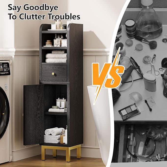 Small Bathroom Storage Cabinet, Bathroom Cabinet with Adjustable Shelves & Doors & Drawer, 7.87" x 7.87" x 32.4" Narrow Toilet Paper Cabinets for Small Spaces Organizer, Black